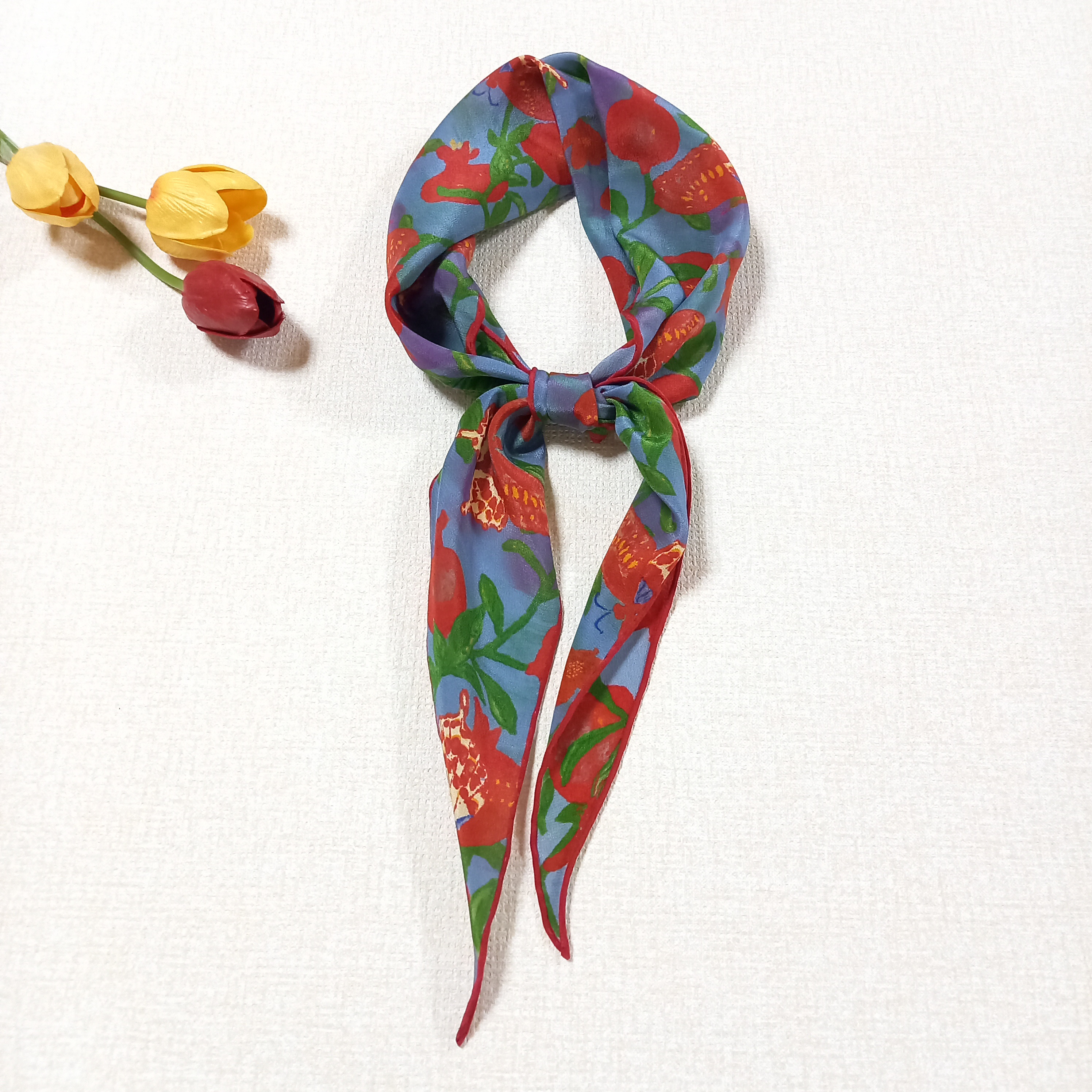 菱形シルク100%蝶々石榴柄スカーフ0148