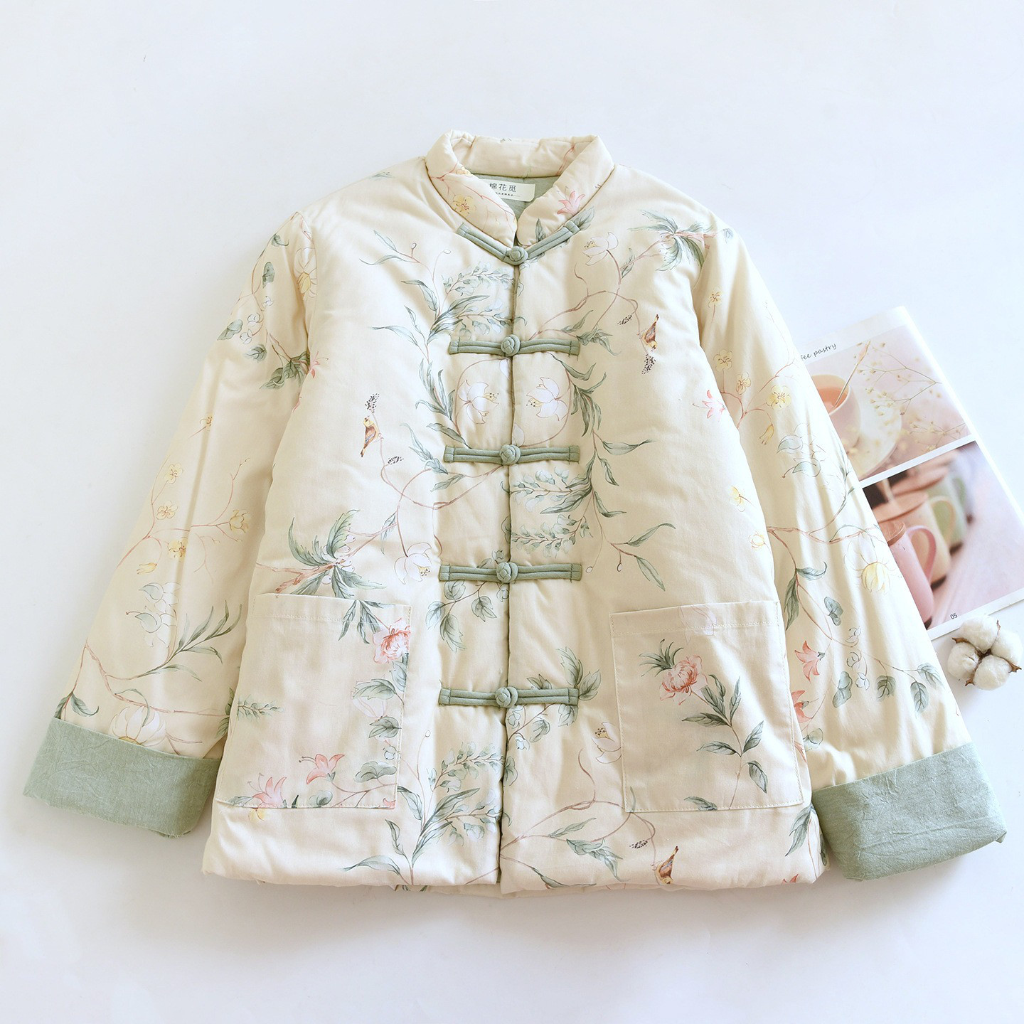 ゆったり花柄プリント レディース長袖中綿ジャケット