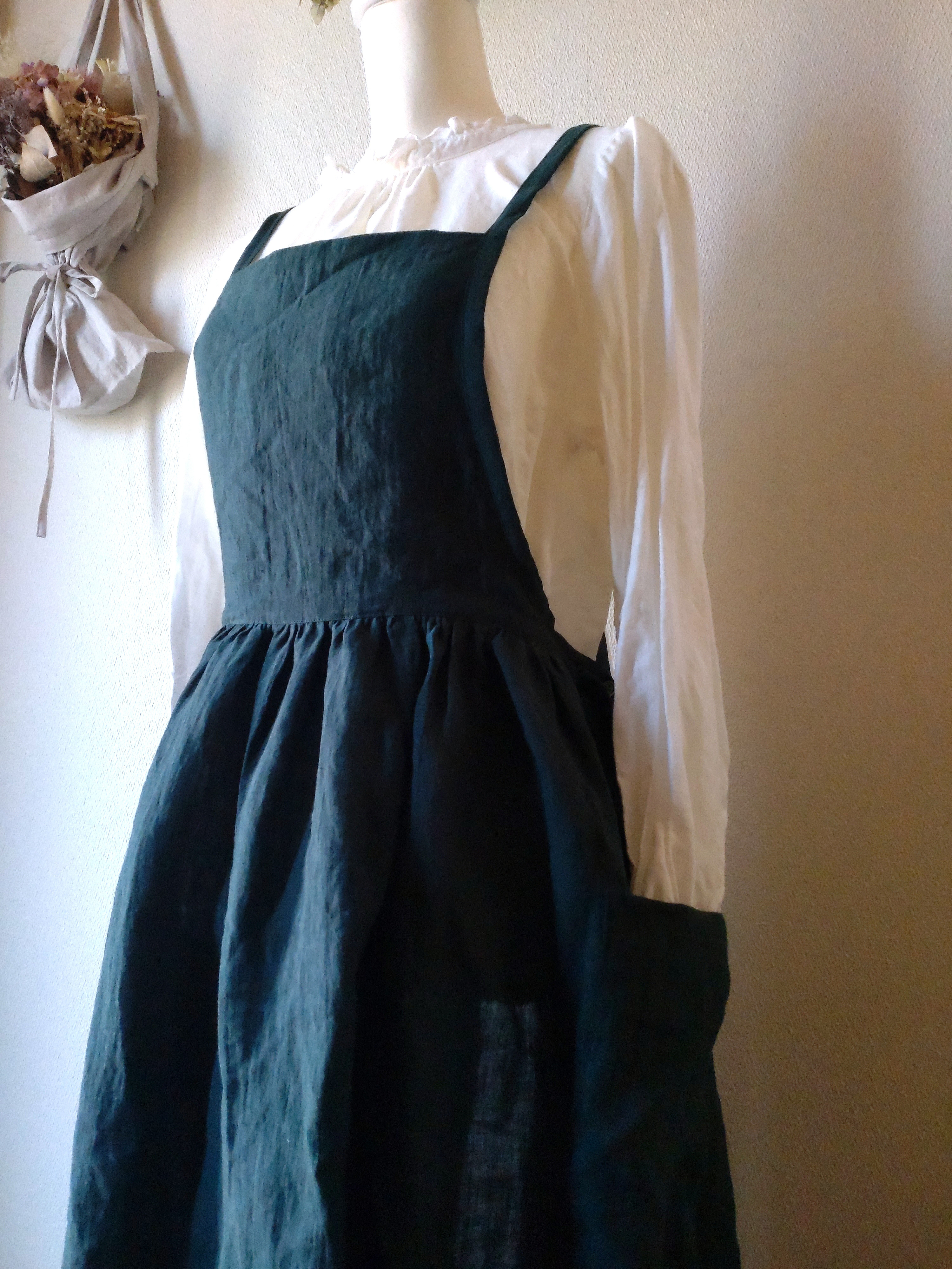 リネン100%☆ギャザーエプロン