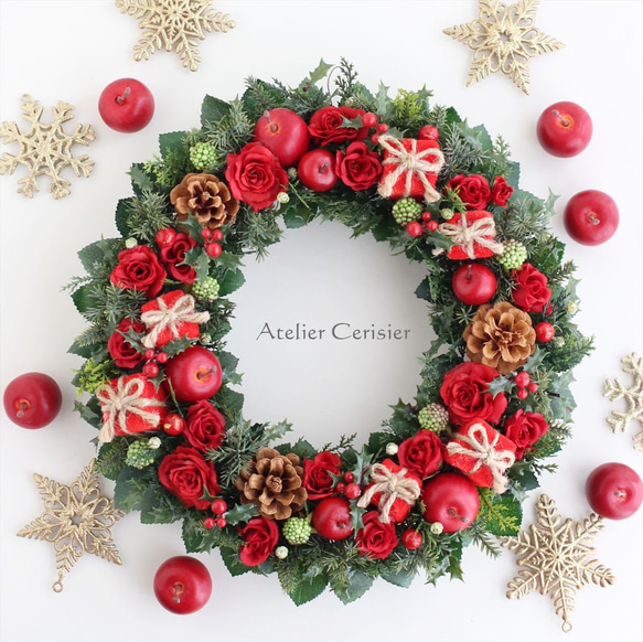 ・クリスマスリース ローズ ギフトボックス レッド＜アーティフィシャルフラワー＞30センチ 4枚目の画像