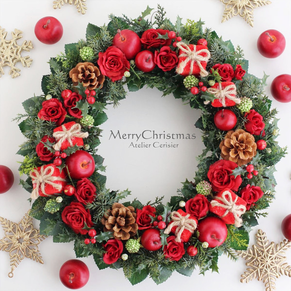 ・クリスマスリース ローズ ギフトボックス レッド＜アーティフィシャルフラワー＞30センチ 1枚目の画像