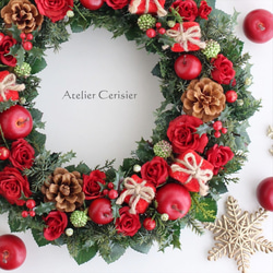 ・クリスマスリース ローズ ギフトボックス レッド＜アーティフィシャルフラワー＞30センチ 3枚目の画像