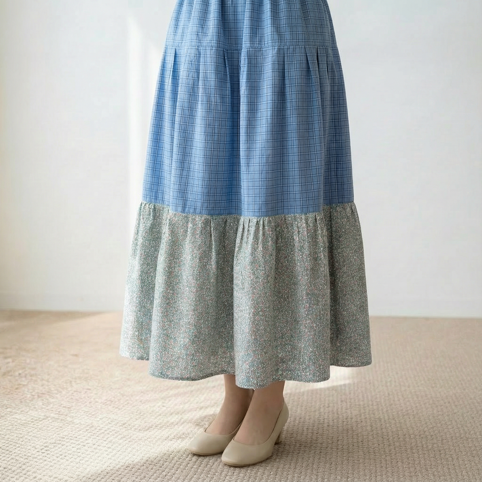 播州織 × リバティプリント生地の三段ティアードスカート　Hidcote Berry