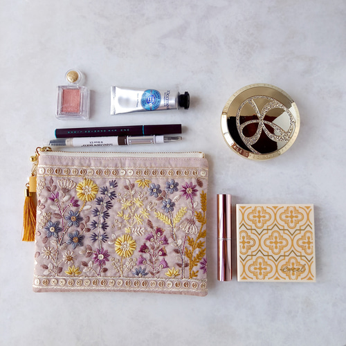 インド刺繍リボンと合成皮革のフラットポーチ＊16cm＊Vol.2 ポーチ