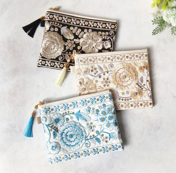 インド刺繍リボン　フラットポーチ　専用ページ インド刺繍リボンと合成皮革のフラットポーチ＊16cm＊Vol.2 ポーチ