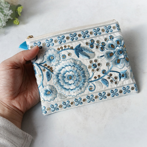 インド刺繍リボンと合成皮革のフラットポーチ＊16cm＊Vol.2 ポーチ
