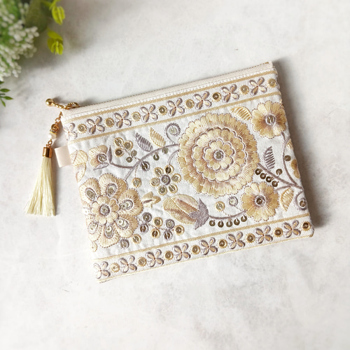 インド刺繍リボンと合成皮革のフラットポーチ＊16cm＊Vol.2 ポーチ