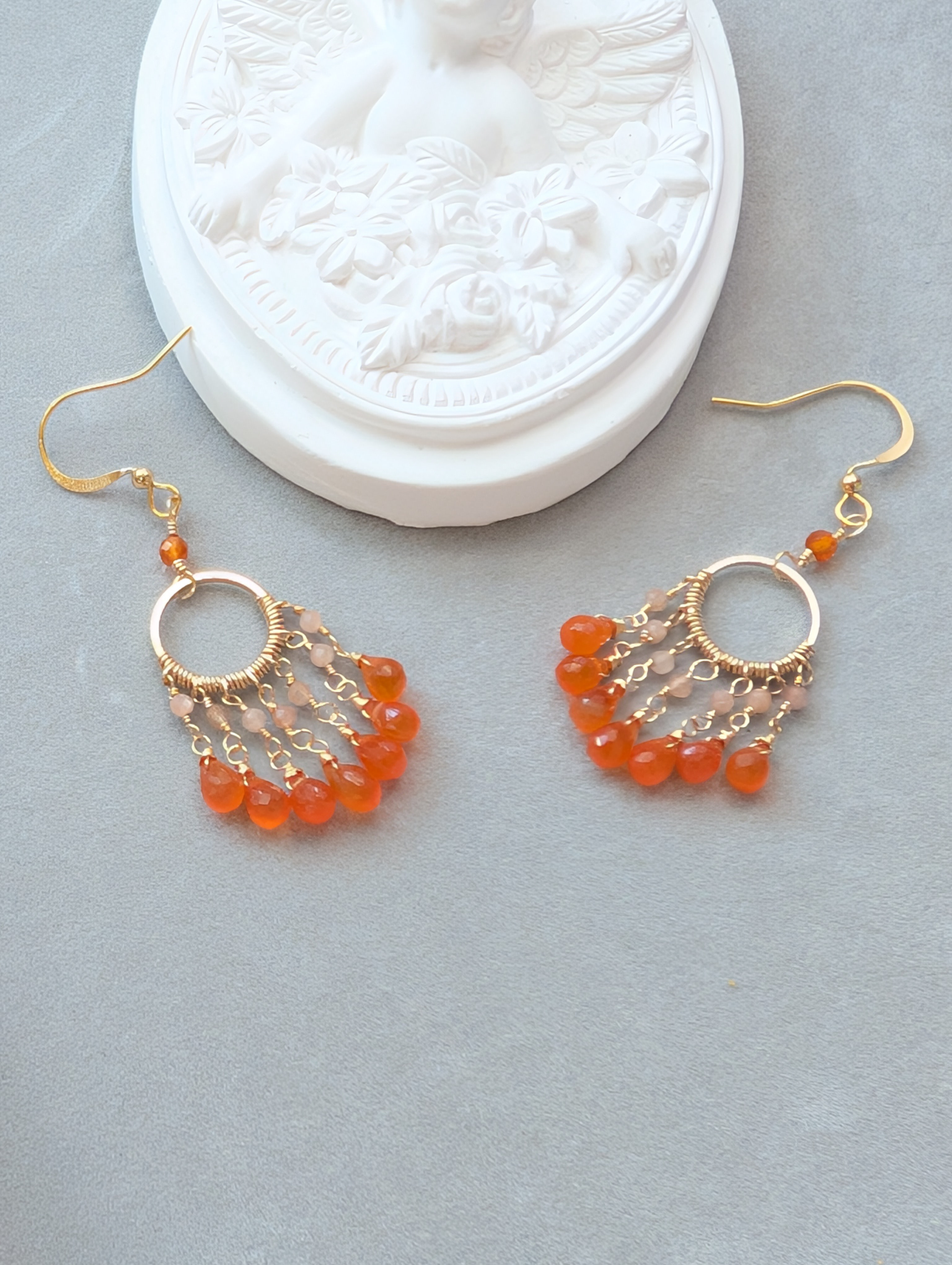 カーネリアン×オレンジムーンストーンのピアス14kgf