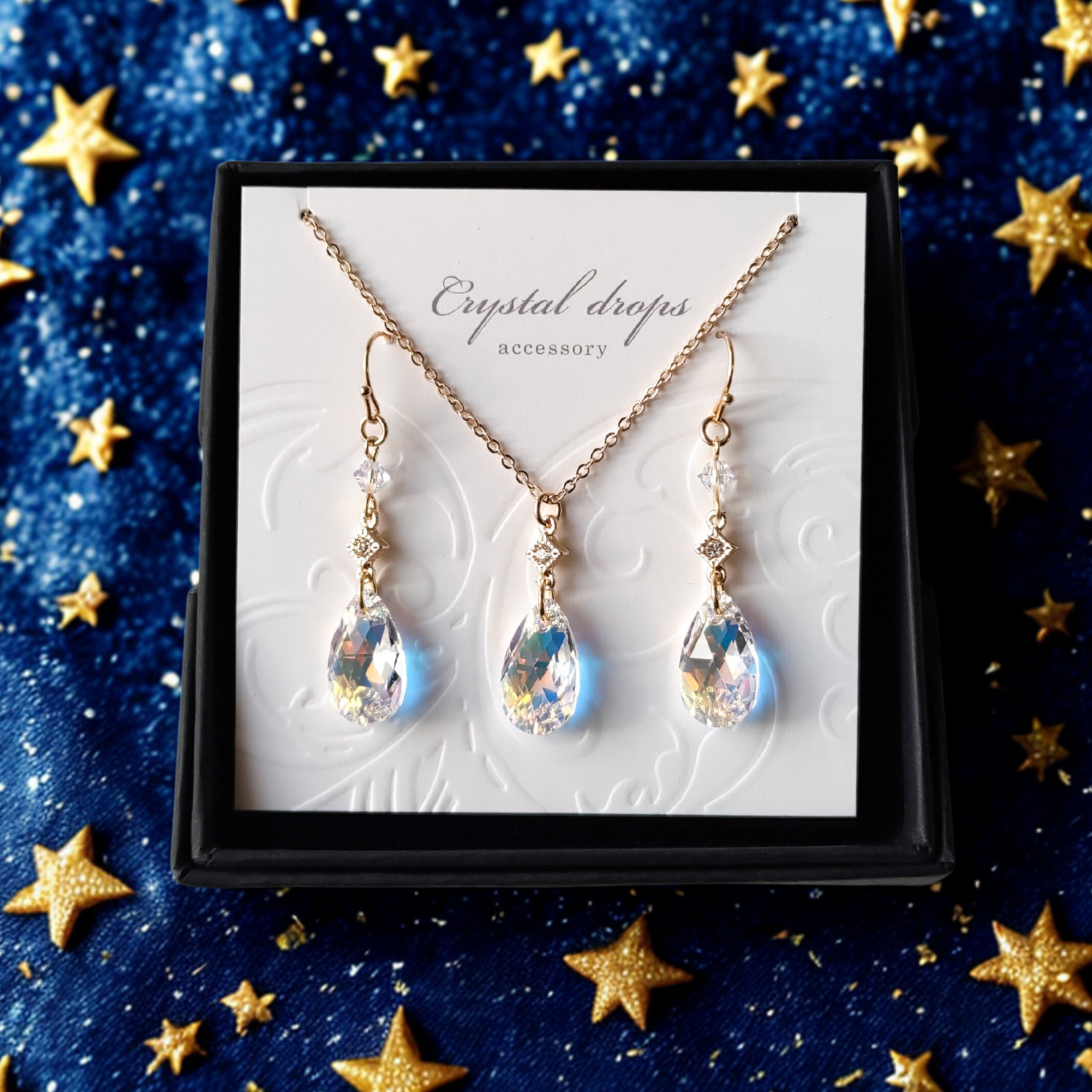 オーロラの輝き・シンプル ドロップ クリスタル ピアス&ペンダント 2点セット｜クリスマス コフレ プレゼント 4,400円