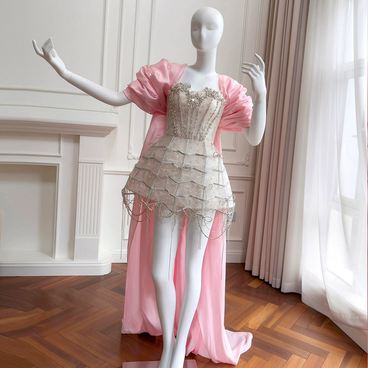 ピンク 高級感 ウェディングドレス パーティー リボン スパンコール サテン 上品 韓国風 二次会 69385