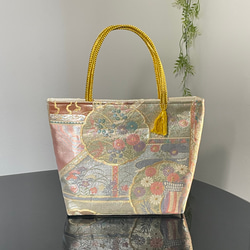 帯リメイクバッグ 彩花 綿入りスクエアバッグ 持ち手竹 和装バッグ