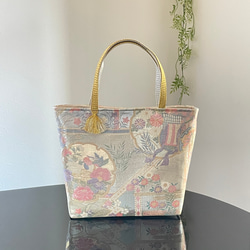 帯リメイクバッグ 煌めく孔雀 Mサイズ 和装バッグ 帯バッグ トート