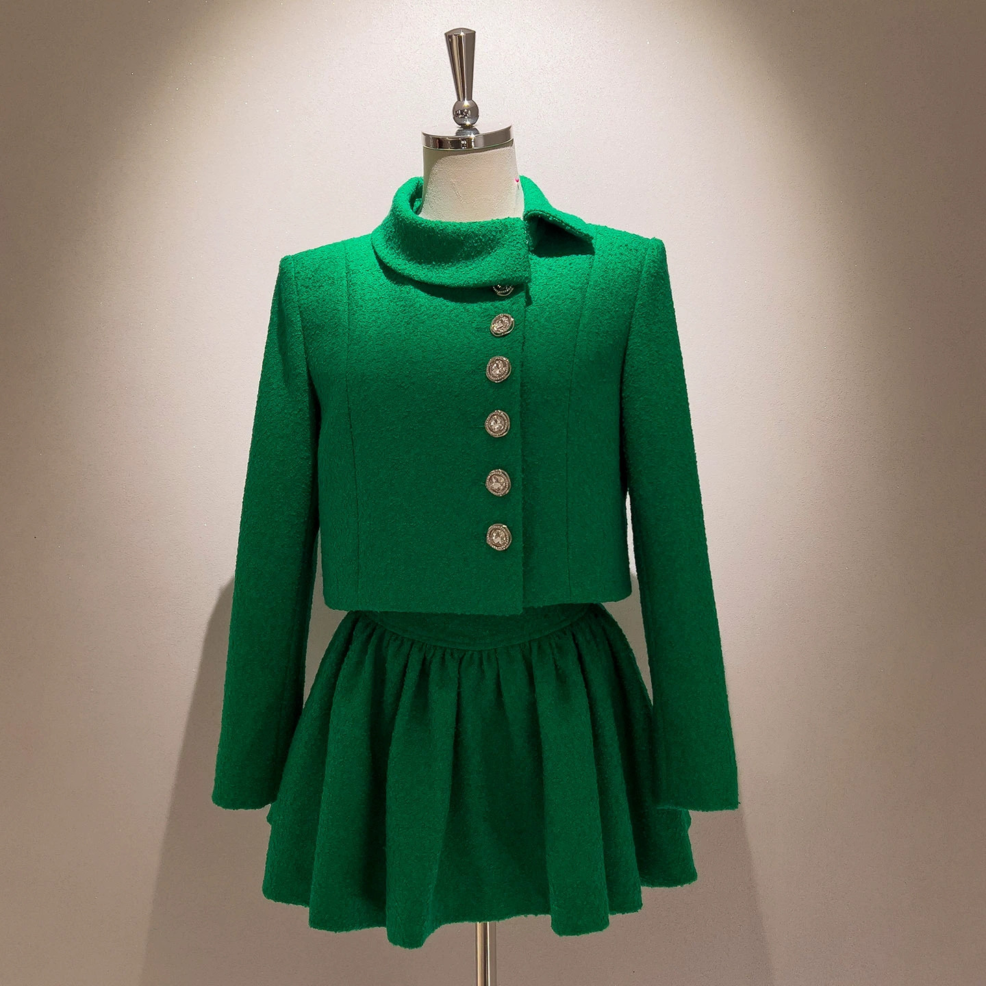 2点セット ジャケット  スカート ツイード 緑 クリスマス 高級感 ウェディングドレス パーティー 韓国風 91632