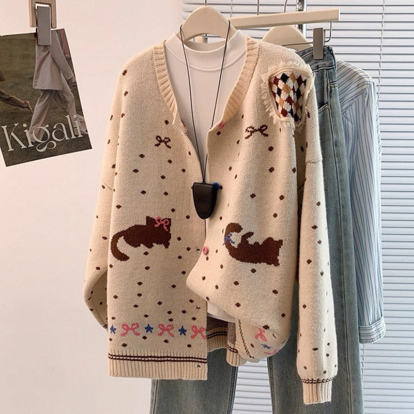 カーディガン、ニット、ジャカード、春、秋冬、防寒対策、ネコ