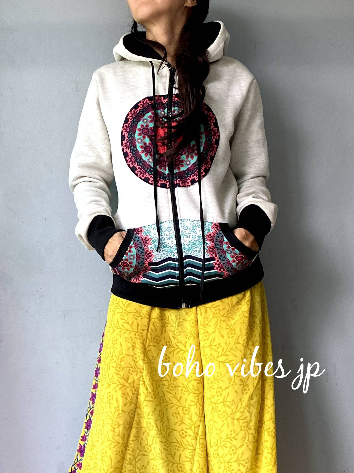 サイケ曼荼羅パッチワーク◎裏起毛パーカー