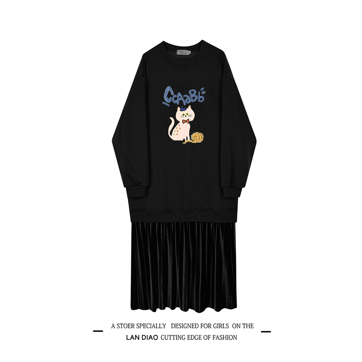 Kitty キャットプリントブラックワンピース 女秋冬加绒丸襟ルーズスリムインナーミッドロングウェットドレス