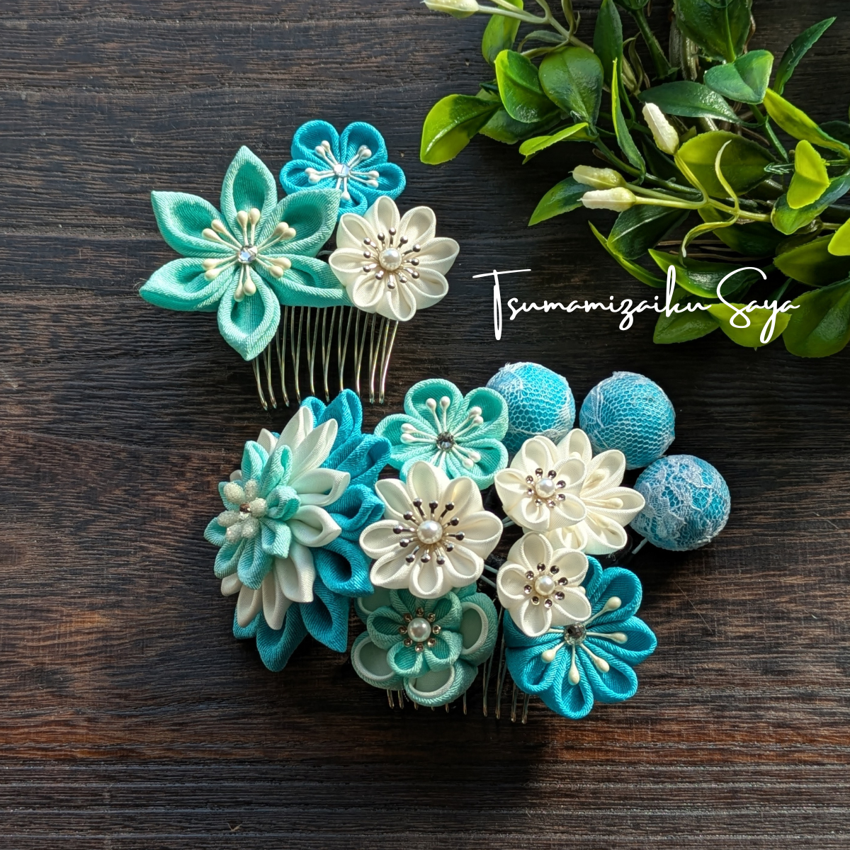 つまみ細工 髪飾り 和装 成人式 七五三 浴衣 卒業式 コーム Uピン 水色 白 青 blu-25