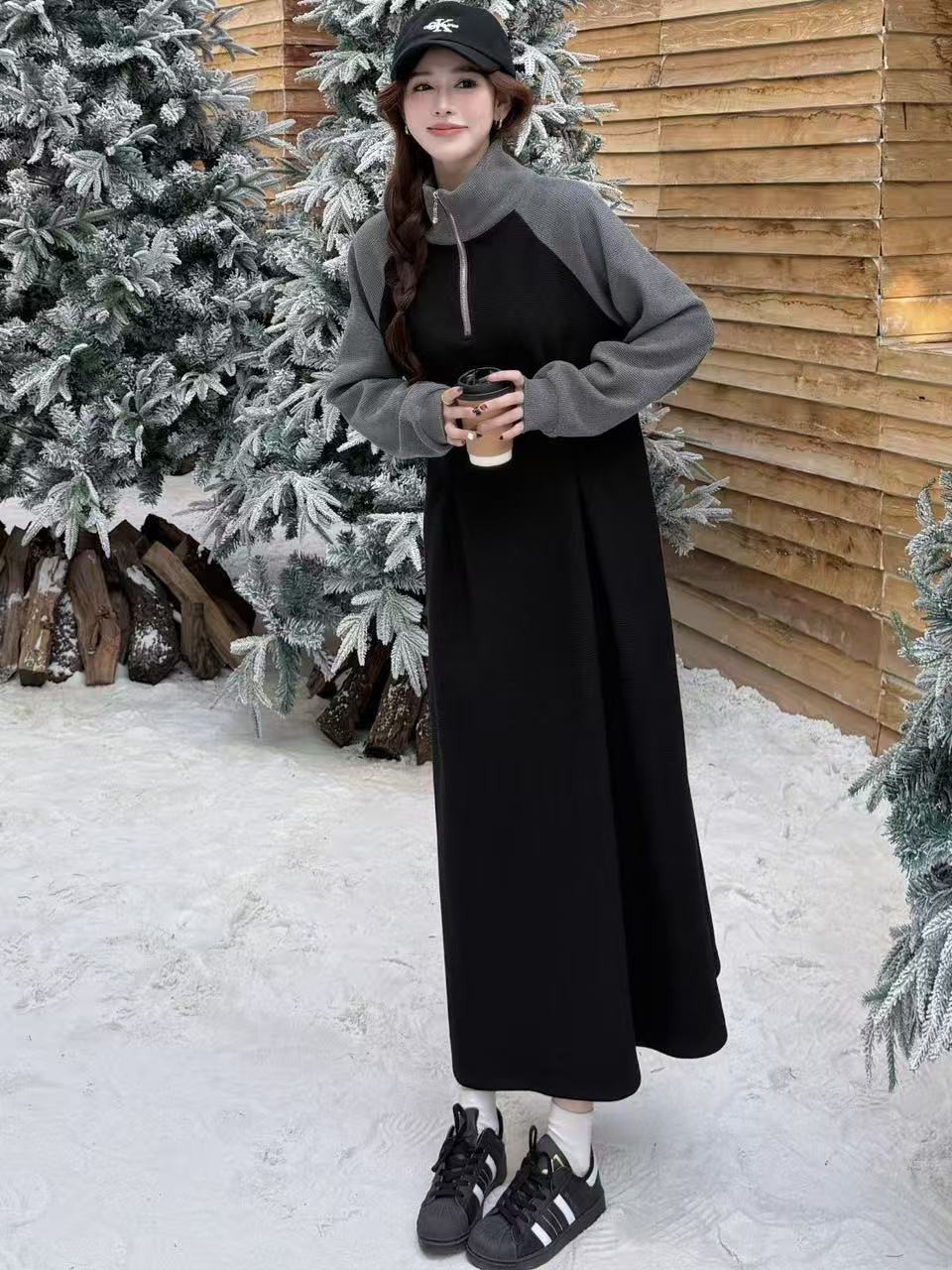 大きいサイズ パッチワークカラー スタンドカラー ロングスリーブ ミッドカーフワンピース レディース 秋冬ニューアイテム