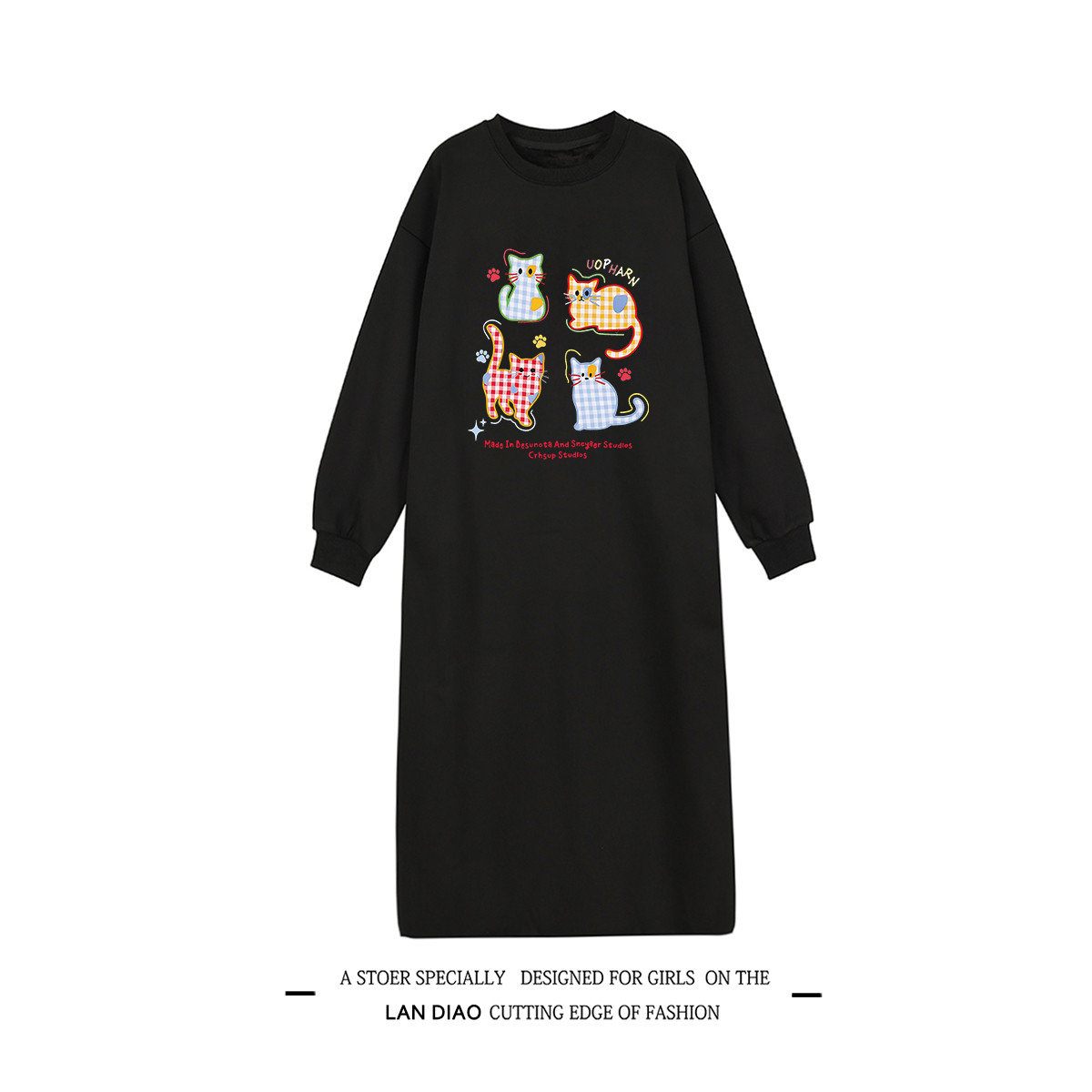 学院風可愛いキャットプリント丸襟ウェットドレス 女秋冬ルーズレイジーミッドロングニースルーワンピース