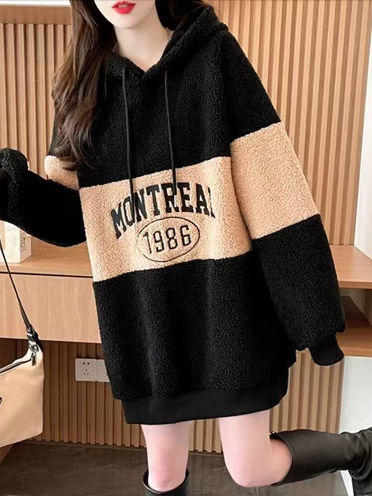大きいサイズ フリース裏起毛 厚手 パッチワークカラー ラムズウール風 フード付きダイソンドレス スリム効果 ミッドレン