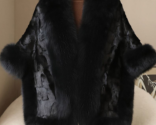 新品フォックスとミンクファーケープストール 黒 毛皮ファーショール