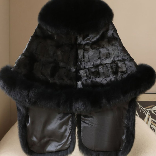 新品フォックスとミンクファーケープストール 黒 毛皮ファーショール