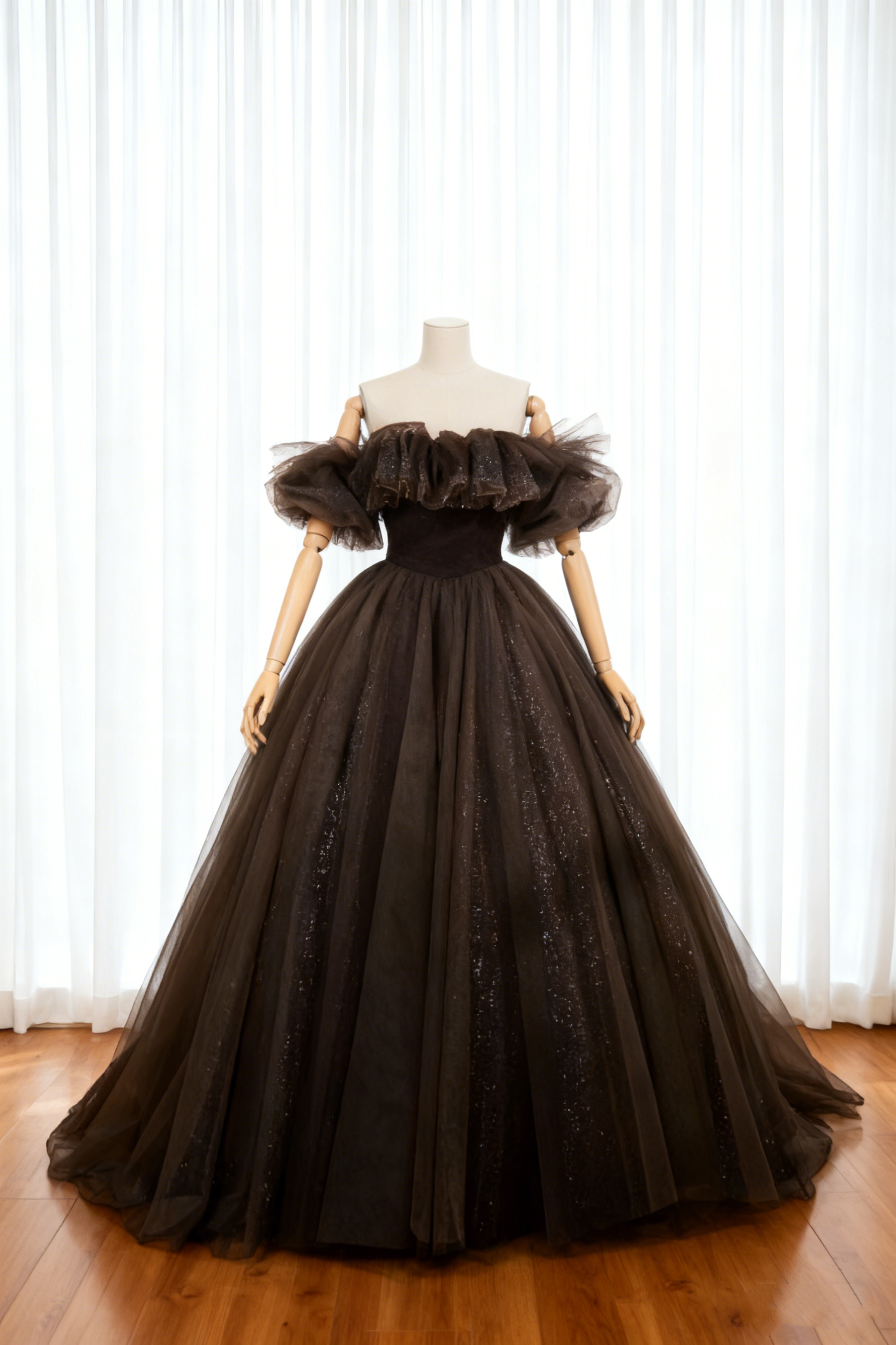 送料無料！カラードレス オフショルダー ブラウン キラキラグリッターチュール 前撮り 花嫁 エレガント
