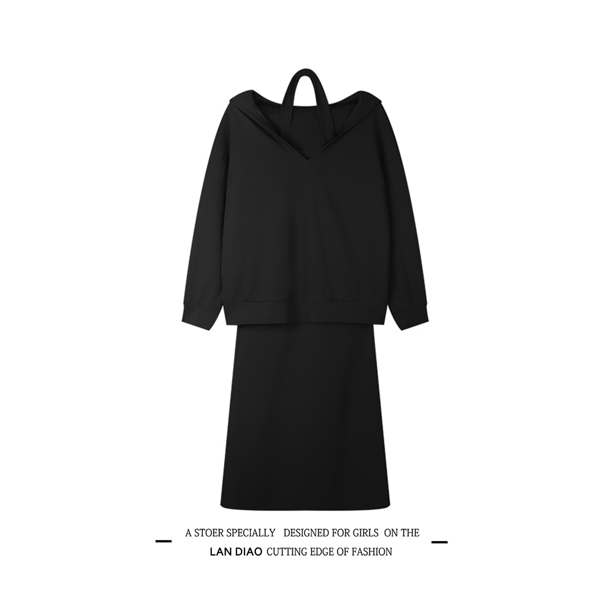 2025 秋冬純欲風気質連帽コート 女ルーズ ピースセットハンギングネックワンピース