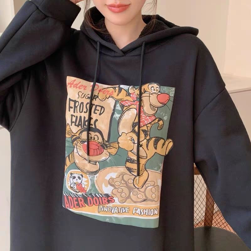 大きいサイズ 秋冬用 フリース裏起毛 厚手 キャラクタープリント ロングダイソンドレス ルーズワンピース