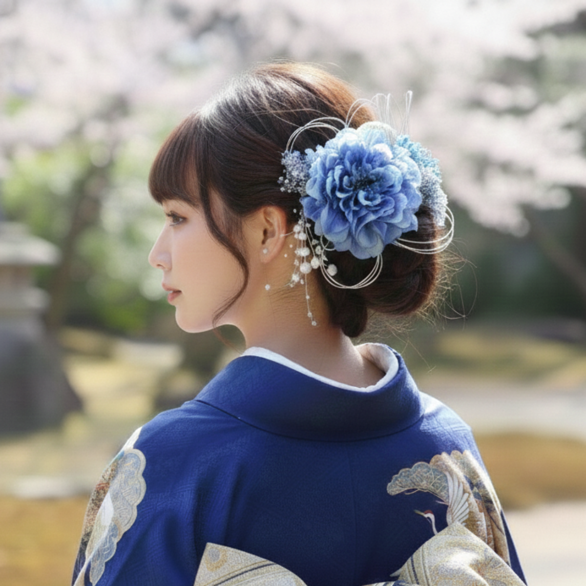 ロイヤルブルーのダリア髪飾り【Uピン対応】シルバー プリザーブドフラワー 成人式 卒業式 結婚式 花