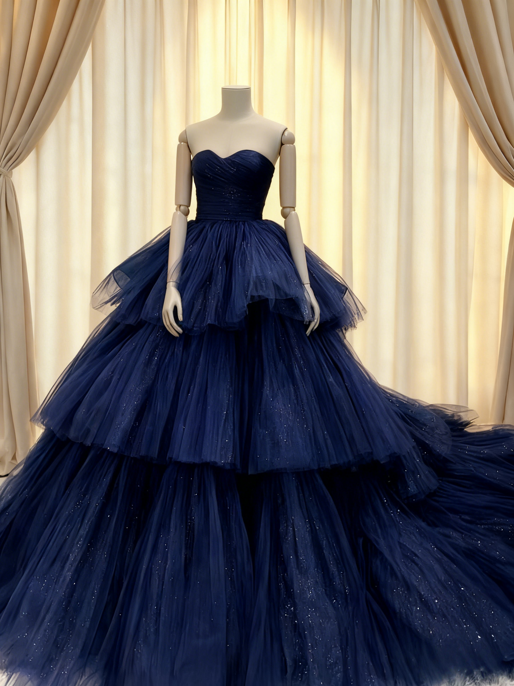 カラードレス ネイビー ベアトップ キラキラチュール フレアスカート クラシカル プリーツスカート 披露宴