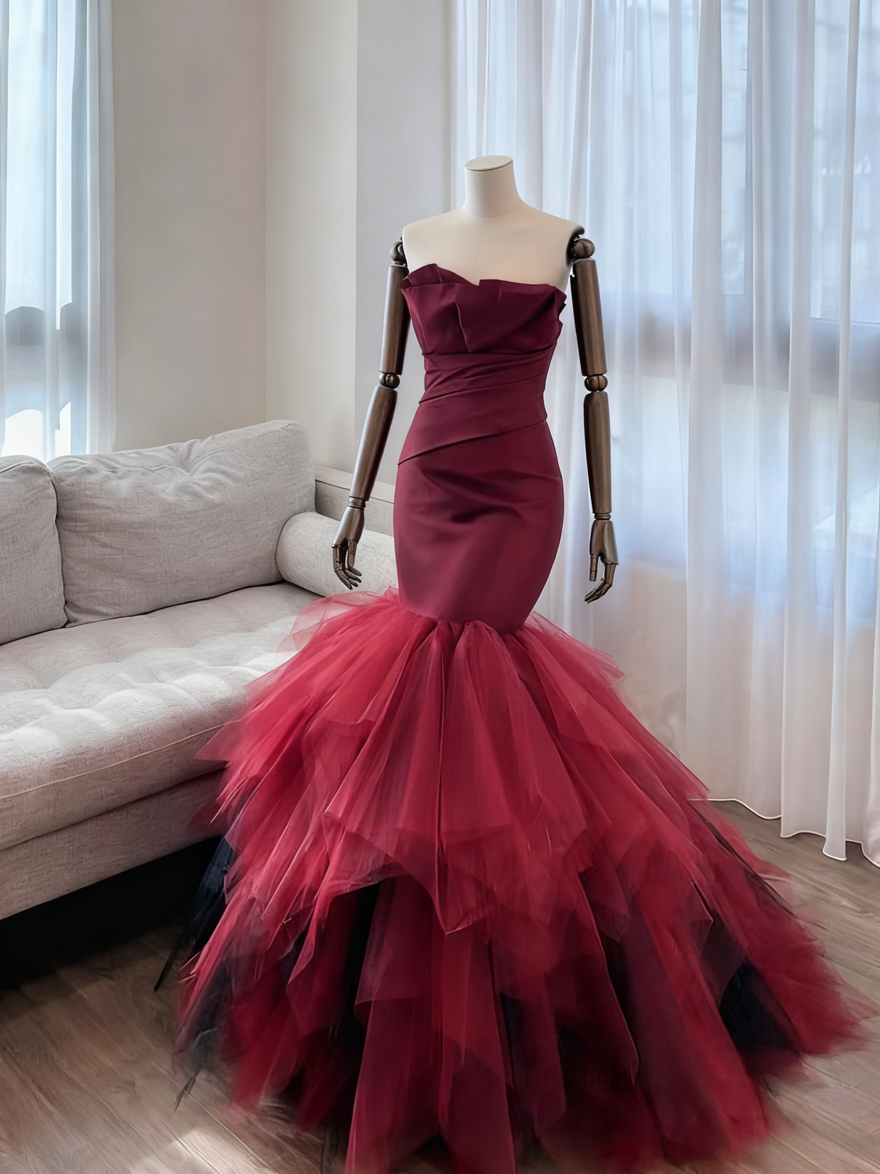 カラードレス ボルドー色 ハンドドレープ マーメイドライン デザイン感 ボリュームドレス 前撮り