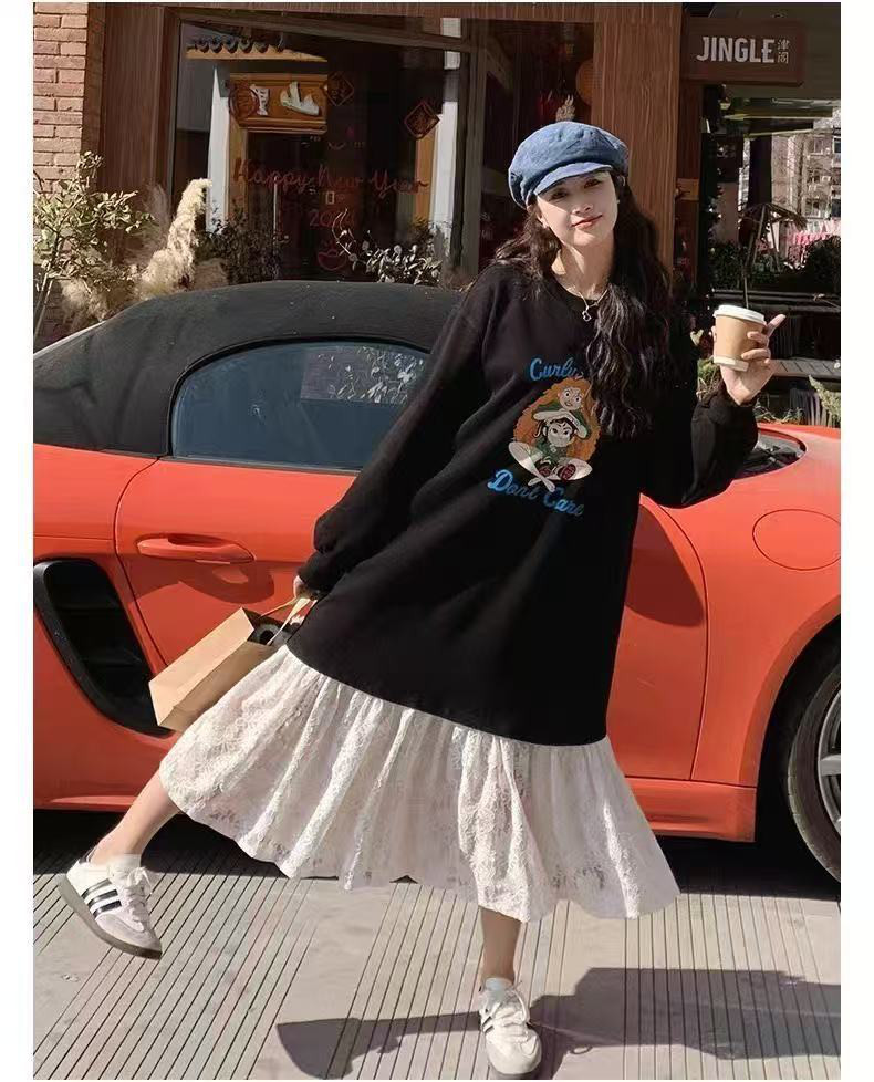 エクストララージサイズ 150kg 対応 韓系キャラクター 若々しいレースプリント フリース裏起毛 ダイソンドレス 秋冬