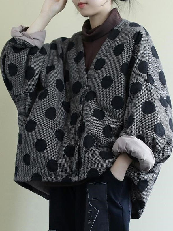 レディース 中綿ジャケット ドット柄 Vネック ショート丈 ゆったり 厚手 アウター