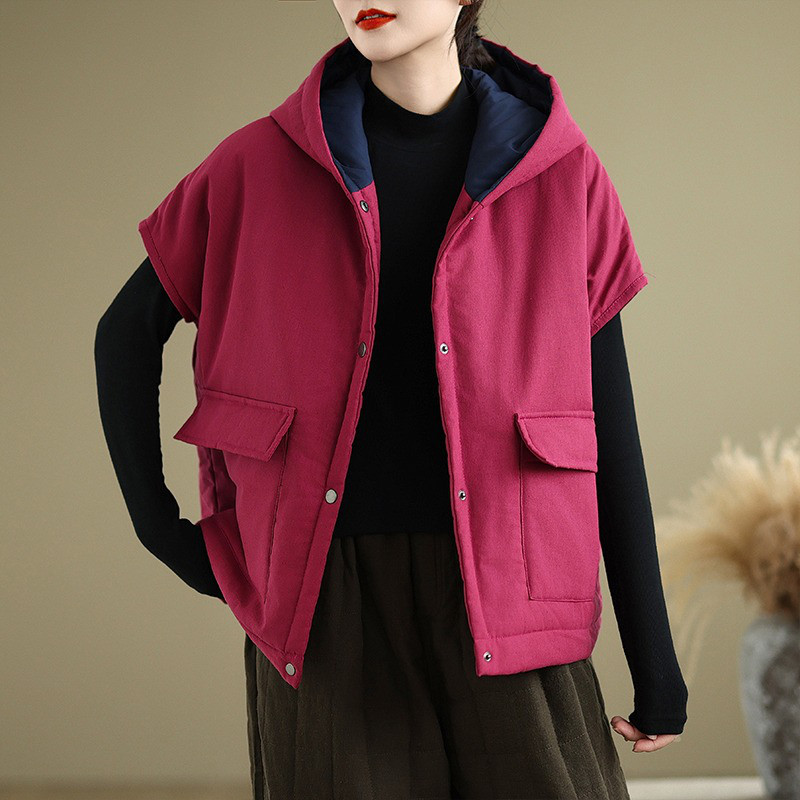 レディース 中綿ベスト 綿麻 フード付き チャイナ風 ウォッシュ加工 レトロ アウター 冬