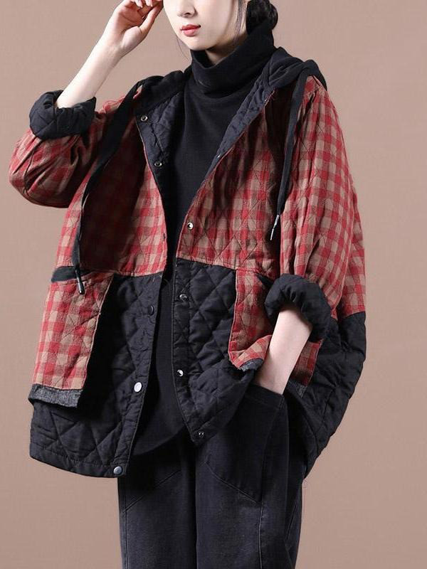 レディース 中綿ジャケット チェック柄切替 デザイン ゆったり 厚手 アウター