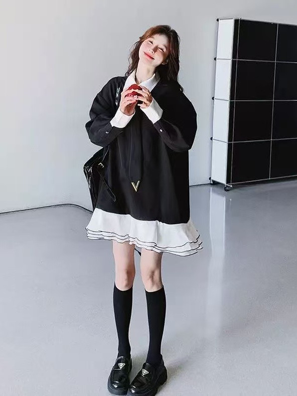 エクストララージサイズ アカデミックスタイル コントラストカラー パッチワーク フリルワンピース レディース 秋冬 ルー