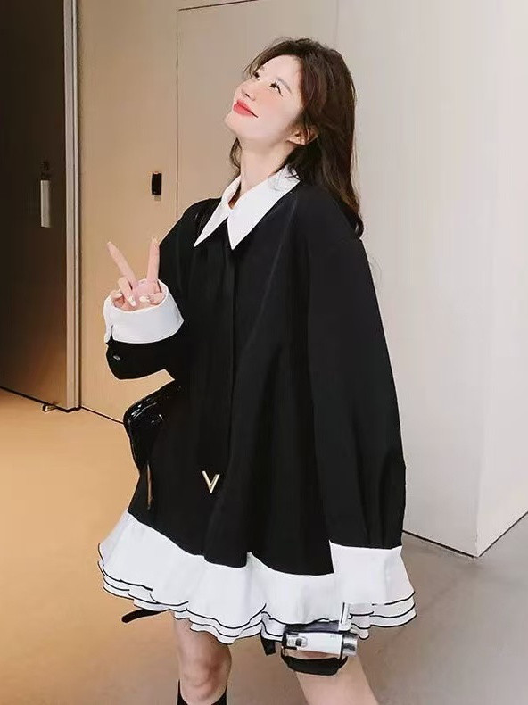 エクストララージサイズ アカデミックスタイル コントラストカラー パッチワーク フリルワンピース レディース 秋冬 ルー