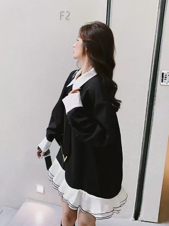 エクストララージサイズ アカデミックスタイル コントラストカラー パッチワーク フリルワンピース レディース 秋冬 ルー