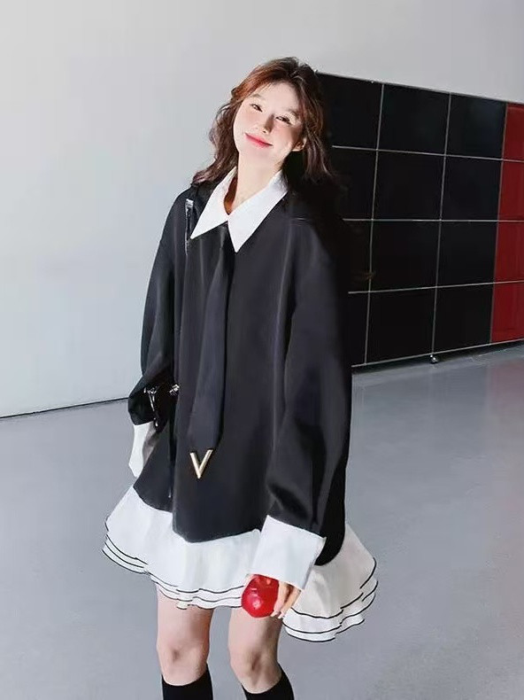 エクストララージサイズ アカデミックスタイル コントラストカラー パッチワーク フリルワンピース レディース 秋冬 ルー