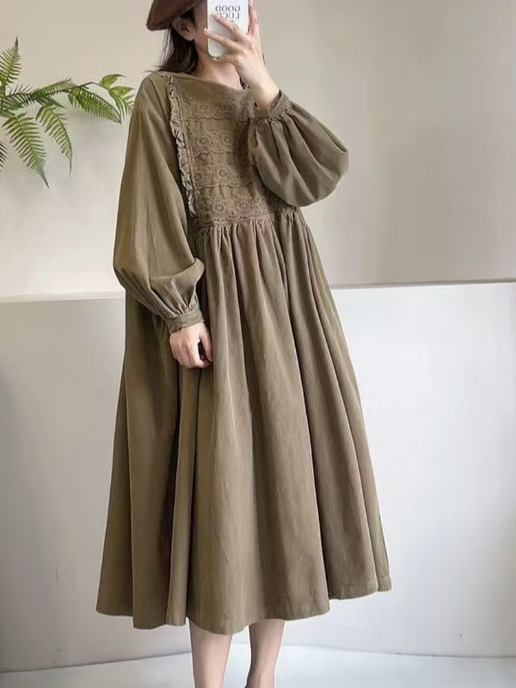 エクストララージサイズ モードシック レトロ レースフリル コーデュロイ ワンピース レディース 秋冬 ルーズシルエット