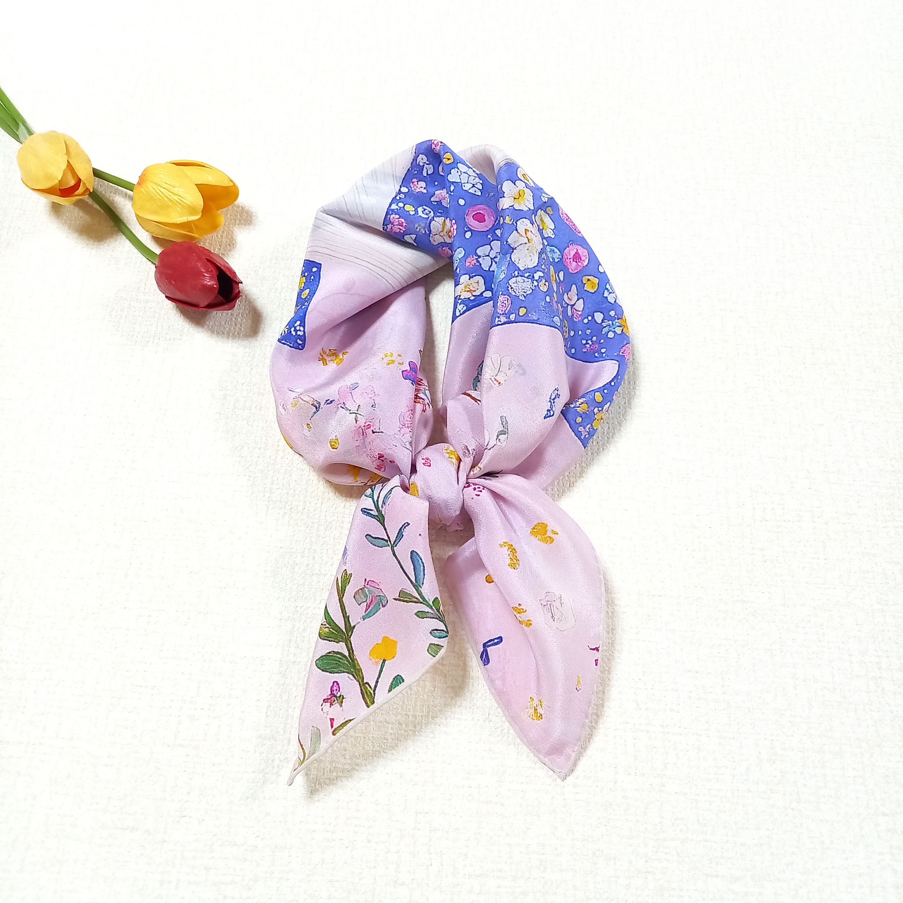 大判シルク100%クジラフラワー柄スカーフ0148