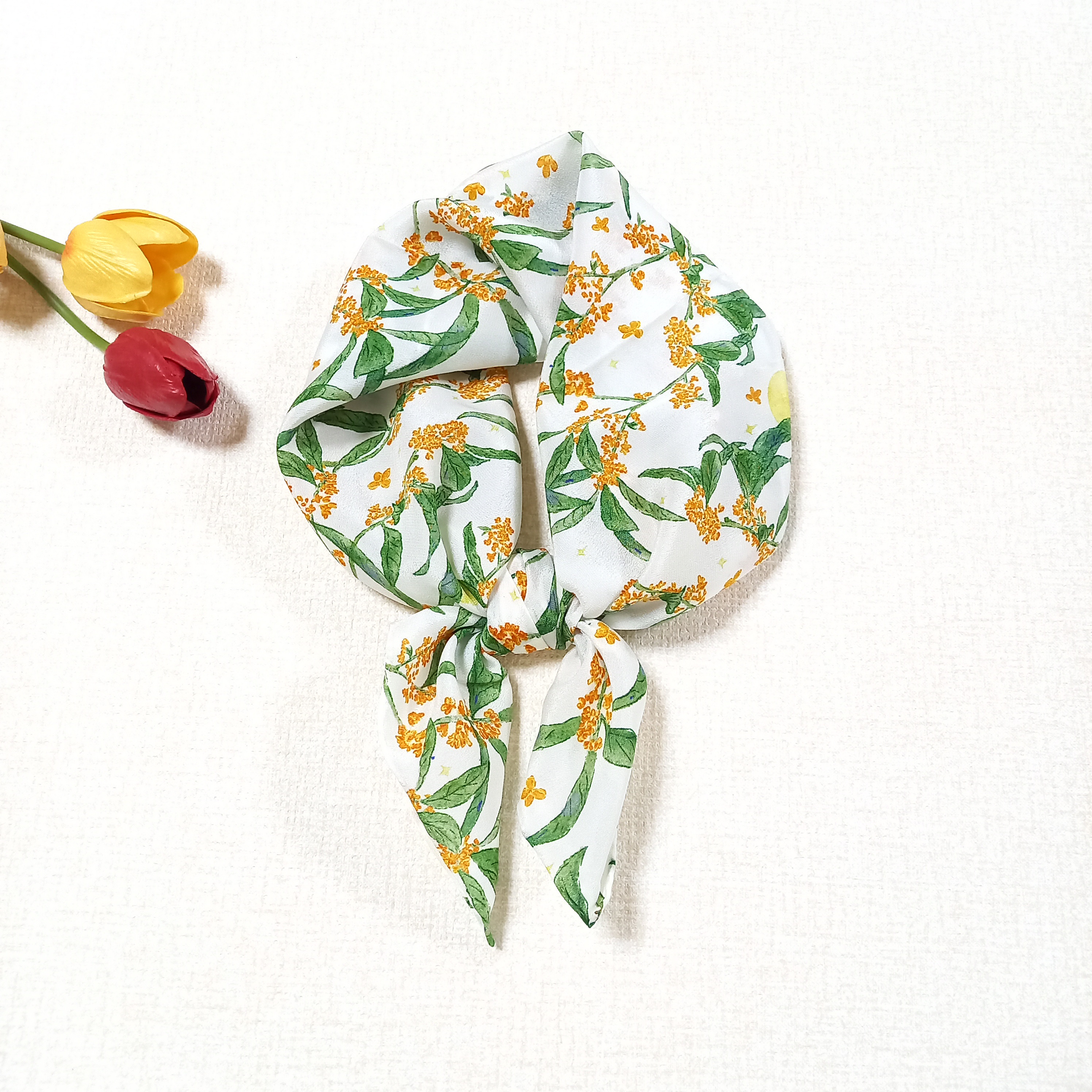 大判シルク100%昼の金木犀柄スカーフ0150