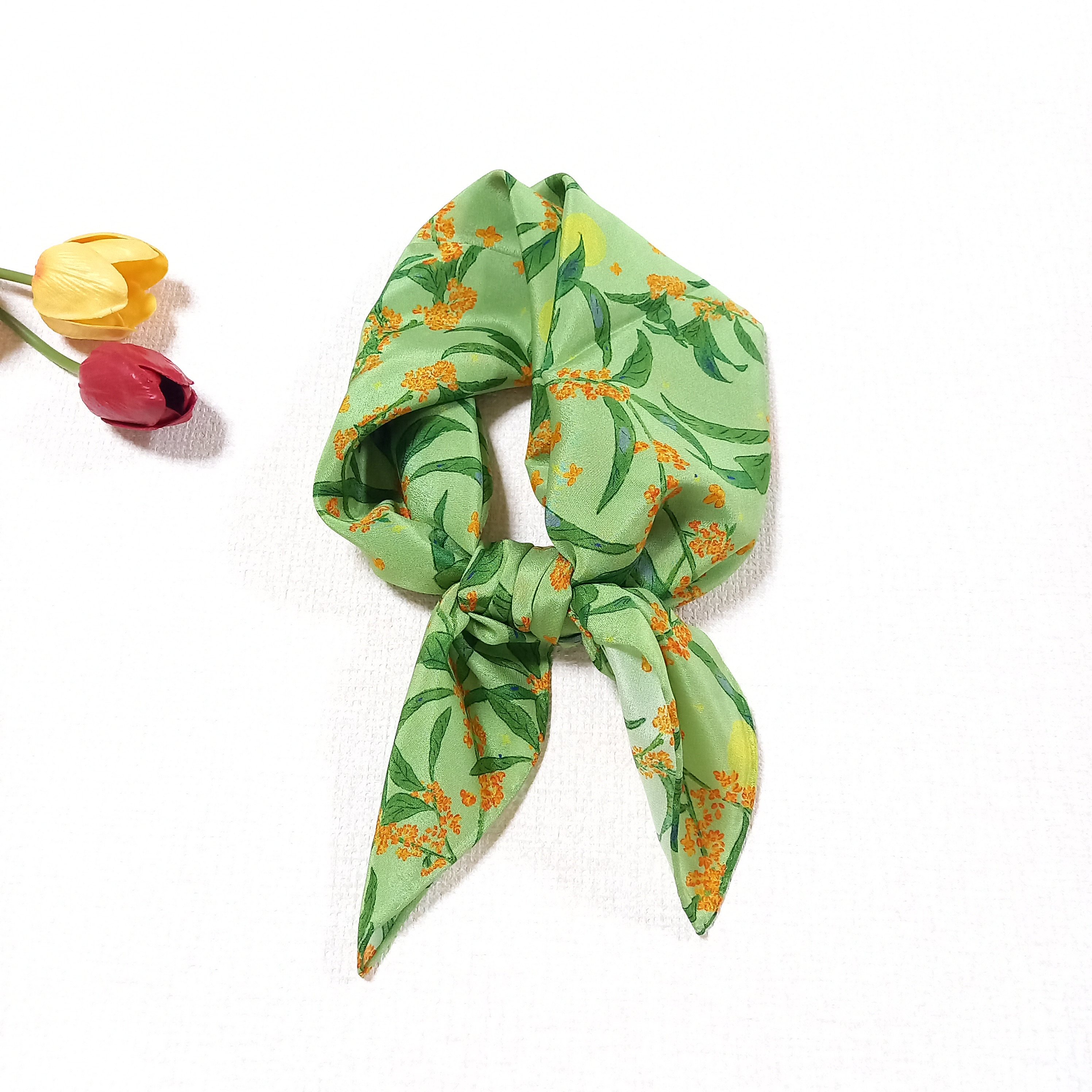 大判シルク100%金木犀柄スカーフ0151