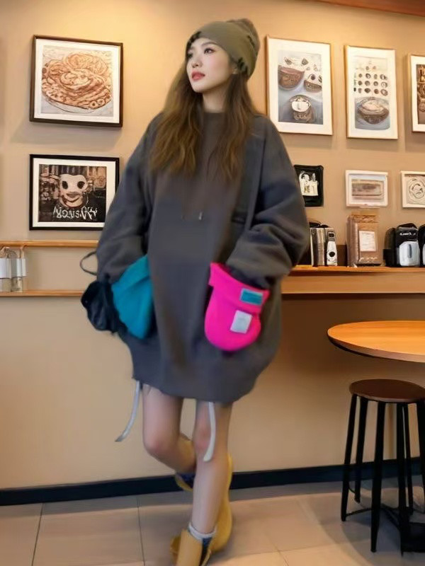 エクストララージサイズ デザイン性ポケット パッチワーク ルーズミッドロング フード付きダイソンドレス 秋冬フリース裏起