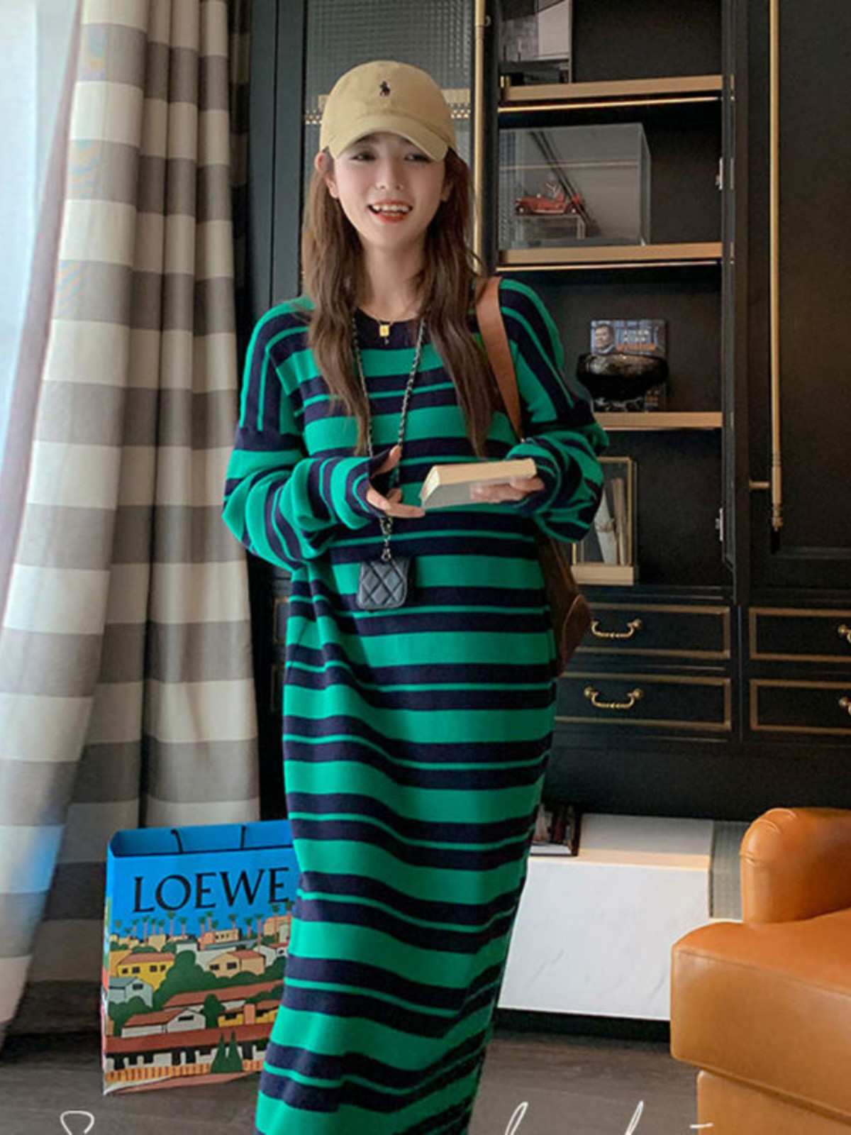 エクストララージサイズ 秋冬 ストライプ ロングスリーブ ロングワンピース ルーズシルエット お腹隠し シルエット補正