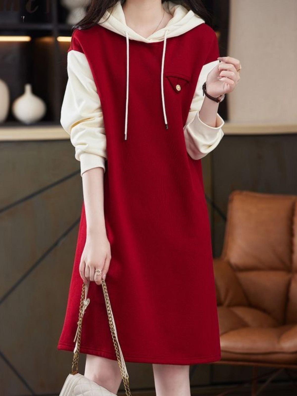 エクストララージサイズ フード付き コントラストカラー フェイクツーピース ロングスリーブ ダイソンドレス ルーズシルエ