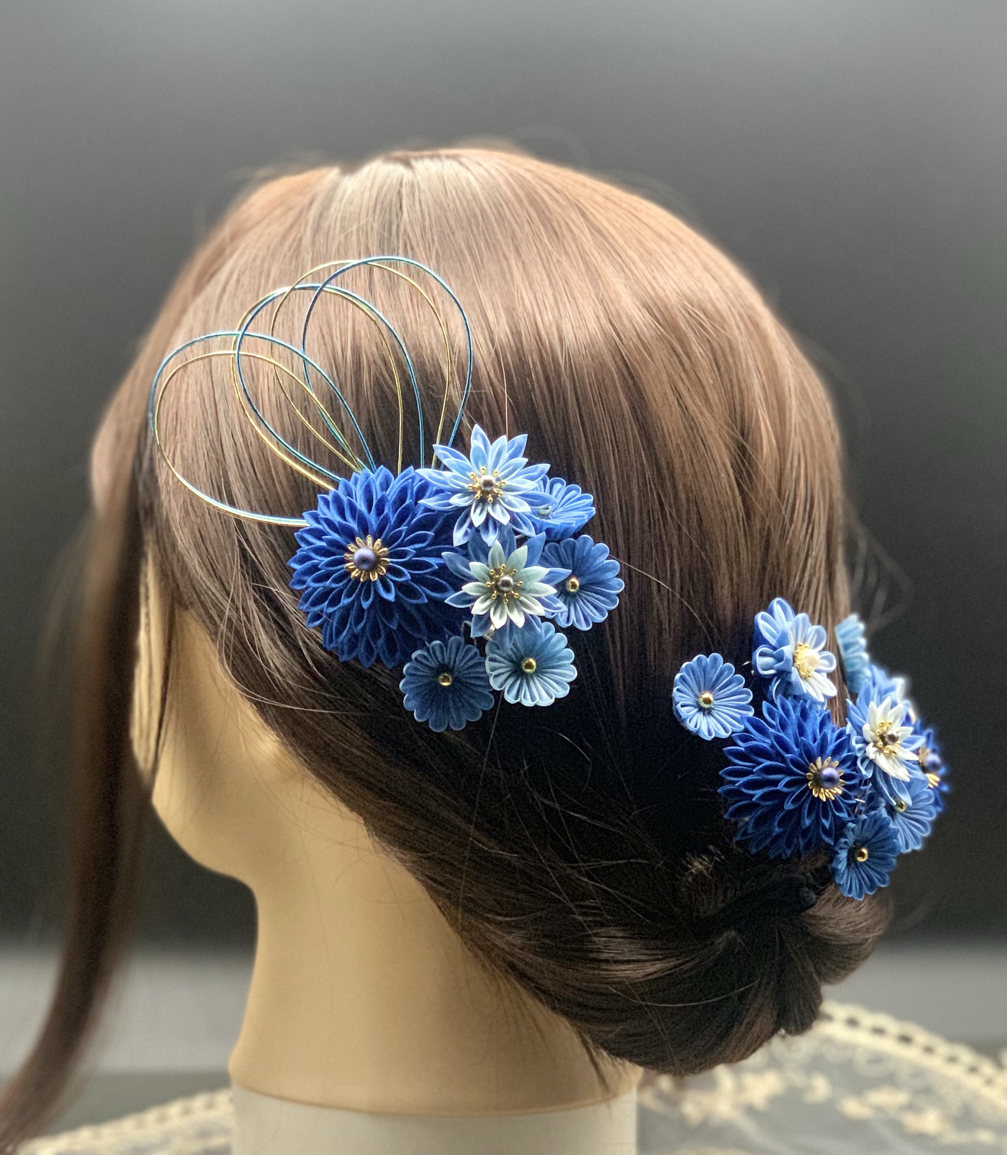 つまみ細工　髪飾りセット　正絹シルク　青　ブルー｜成人式髪飾り　振袖　結婚式　白無垢　色打掛　ウェディング　卒業式　袴