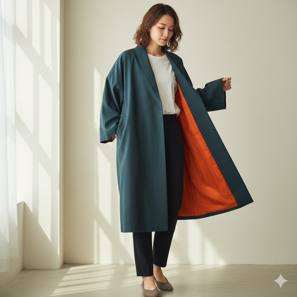 【一点物】春まで使える大人の紬コート 鮮やか紅絹裏地｜ロングジャケット/羽織り