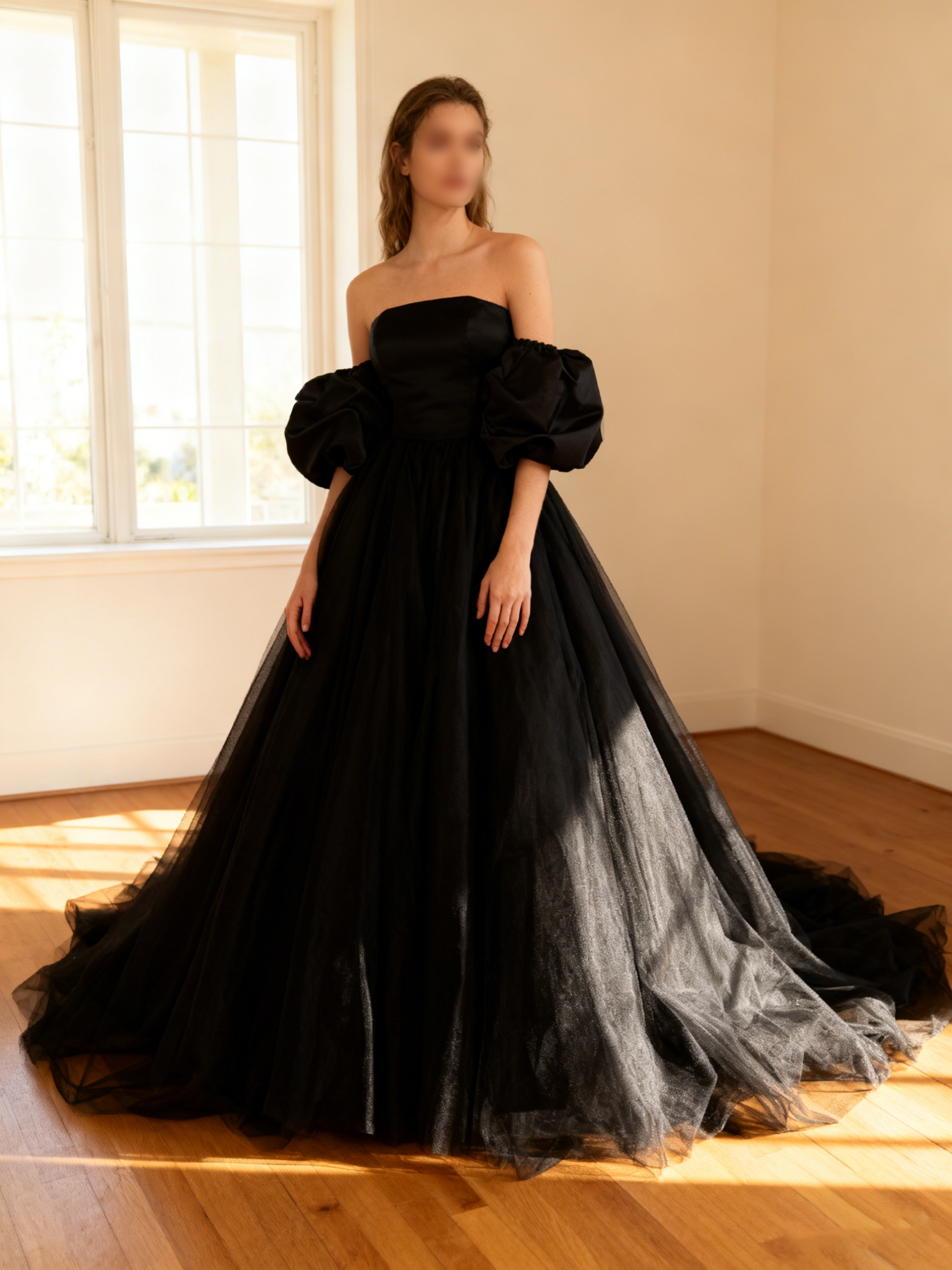 送料無料！カラードレス パフスリーブ ブラック チュールスカート エレガント 前撮り